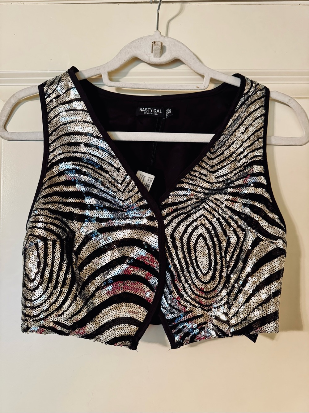 NWT Nasty Gal Y2K inspired Black & Silver Sequin Zebra Crop Vest/Top